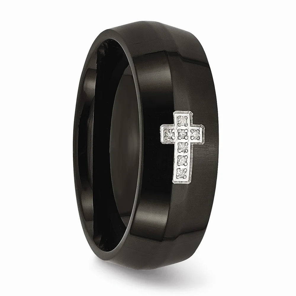 Black IP-Plated Diamond Cross Ring Size 7 Y968