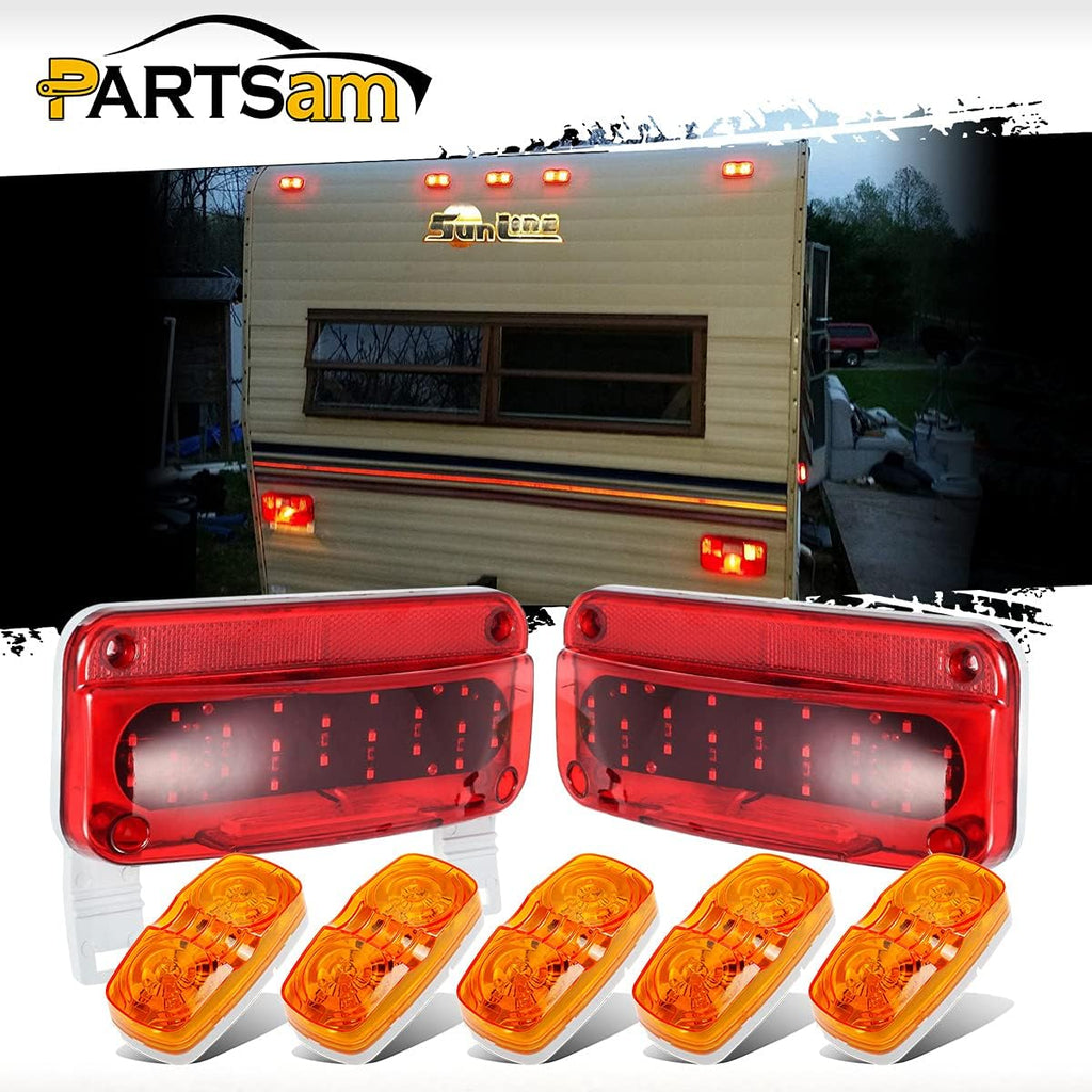 12V LED RV Camper Trailer Tail Light Kit with Amber Side Marker Clearance Lights and Red Stop Turn Brake Tail Lights O969