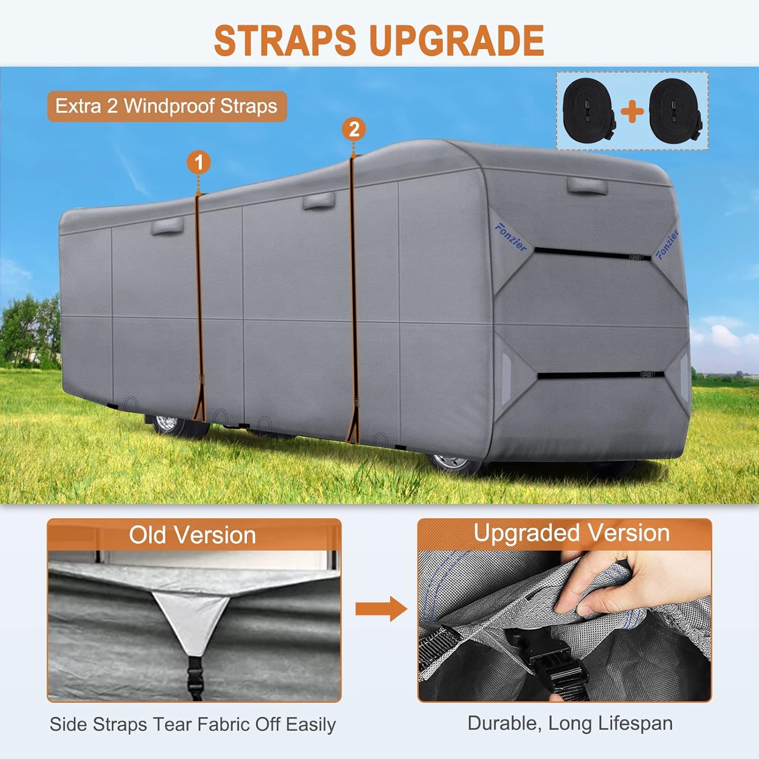 RV Cover Heavy Duty Anti-UV Rip-Stop Breathable with 2Pcs Straps & Gutter Covers C115477