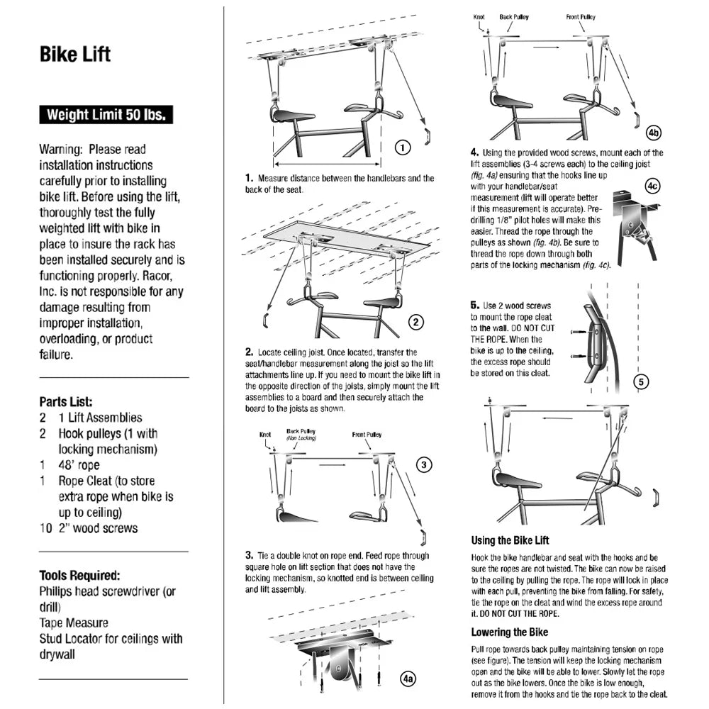 Bike Lift Pulley System Overhead Bike Rack with 60kg Bearing V4972