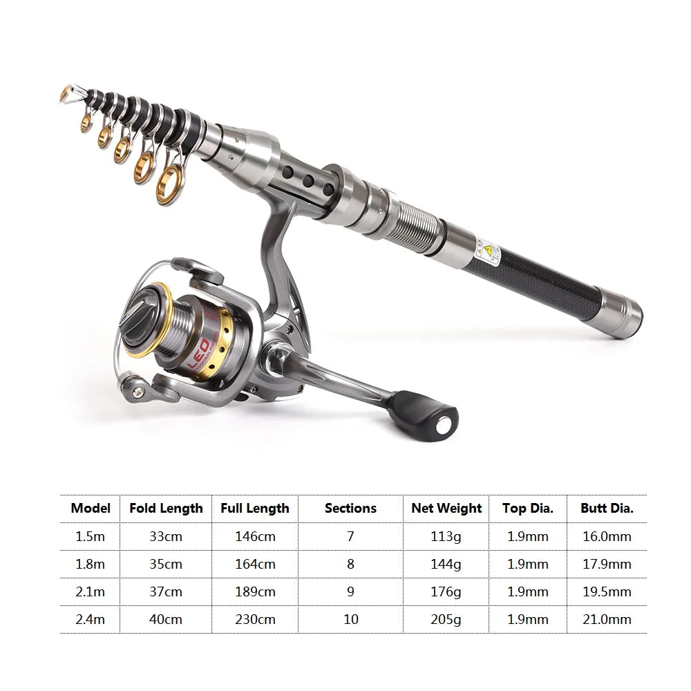Telescopic Fishing Rod and Reel Combo Full Kit with 100M Fishing Line Lures Hooks Jig Head and Carrier Bag Case X700