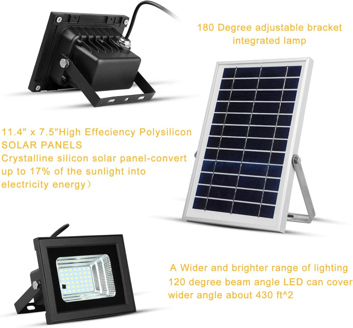 Solar Flood Lights Outdoor Remote, Dual 42 LEDs 6500K, Dusk to Dawn, 16.4ft Separated Cables, IP65 Waterproof A12052