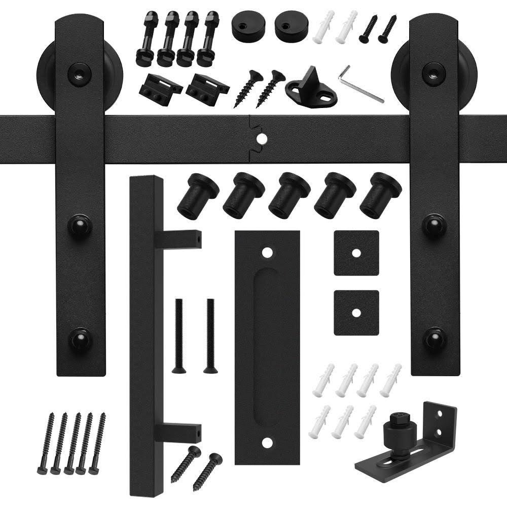 Black Steel Sliding Barn Door Track and Hardware Kit with Square Handle and Floor Guide E6109