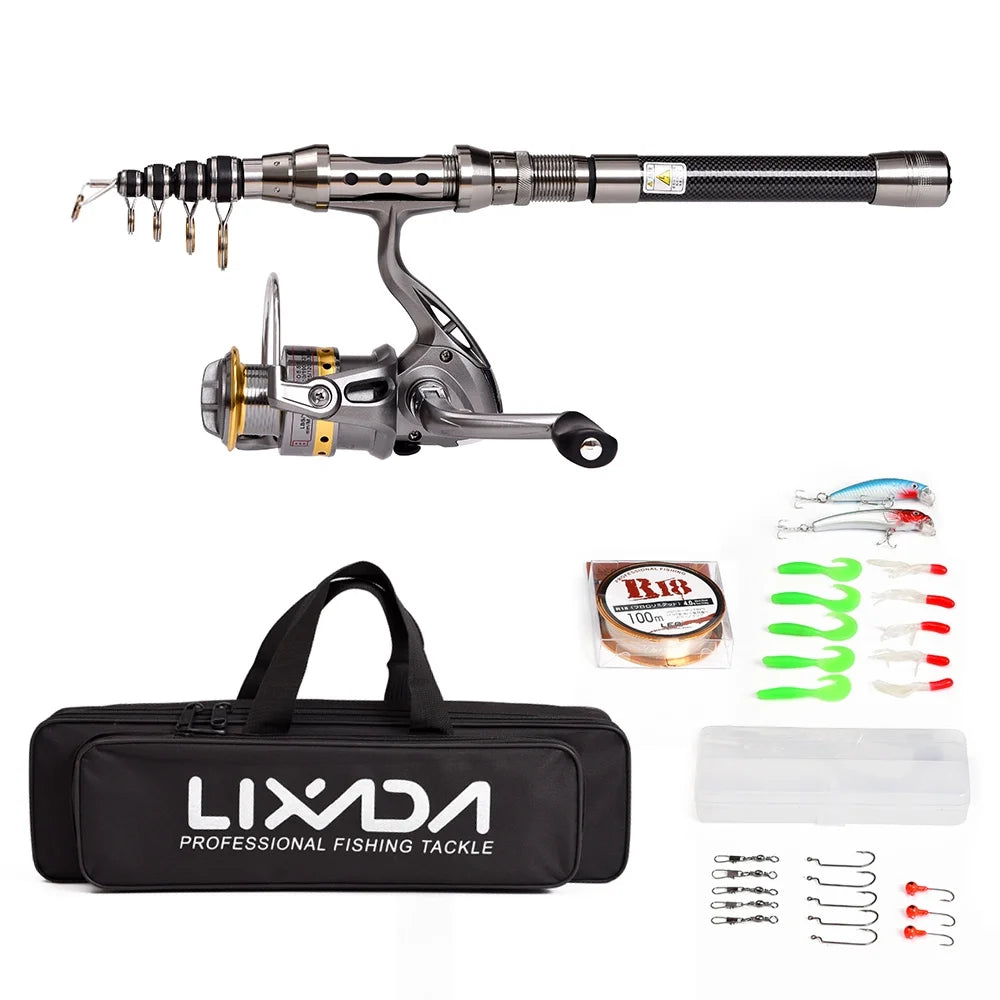 Telescopic Fishing Rod and Reel Combo Full Kit with 100M Fishing Line Lures Hooks Jig Head and Carrier Bag Case X700