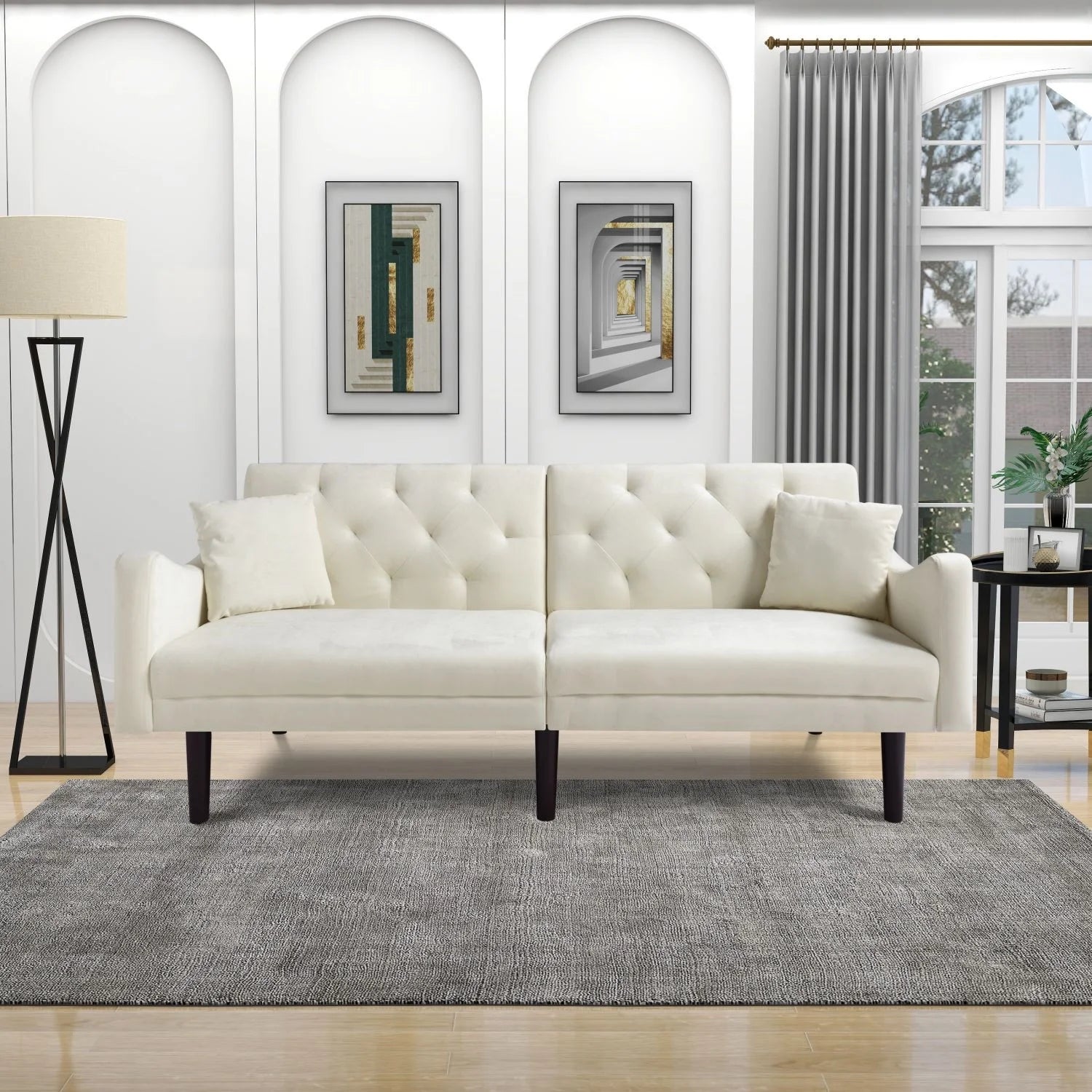 Beige Velvet Futon Sofa Bed with Pillows C630109