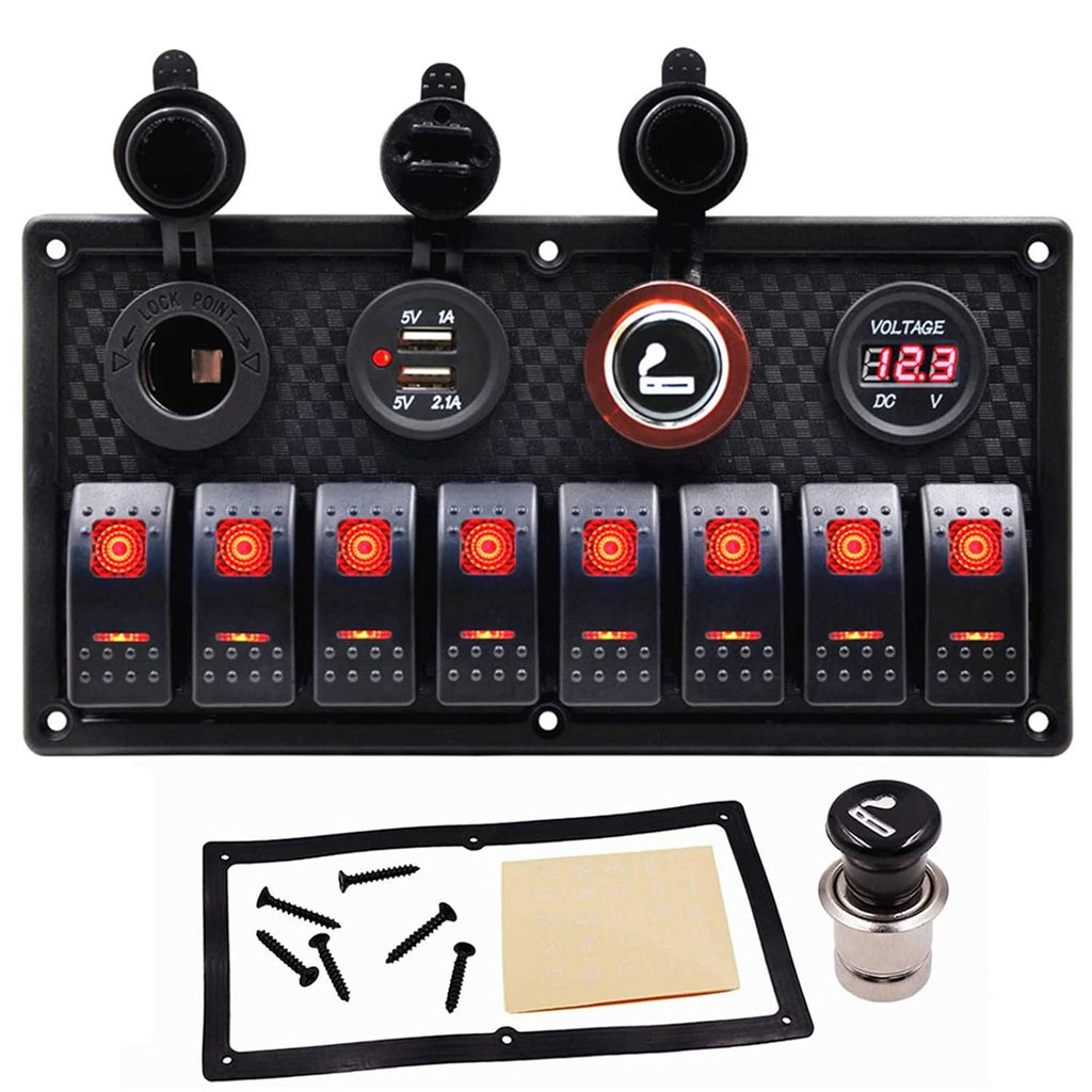 8 Gang Green LED Aluminum Marine Switch Panel with USB Charger and Voltmeter, Pack of 2 O578335