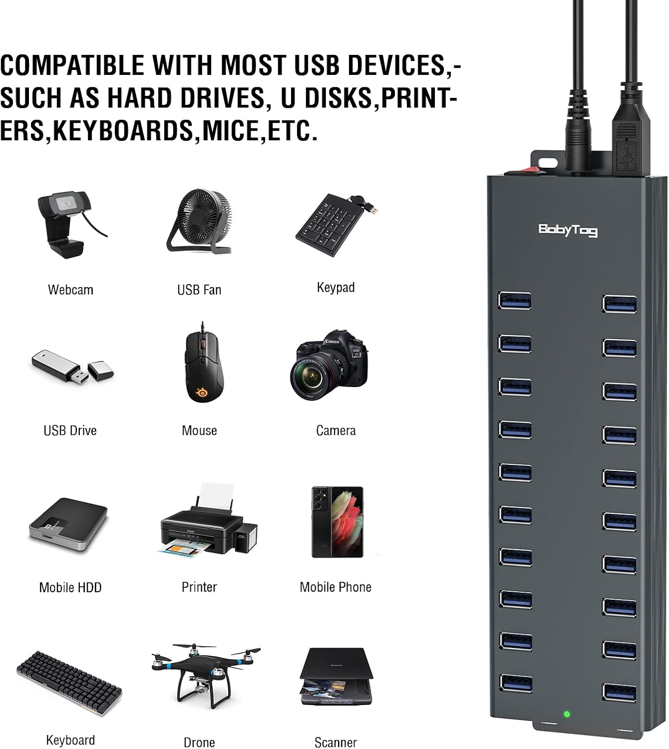 Powered USB hub 20 Ports with 12V/8A-120W Power and Data Cable C41349