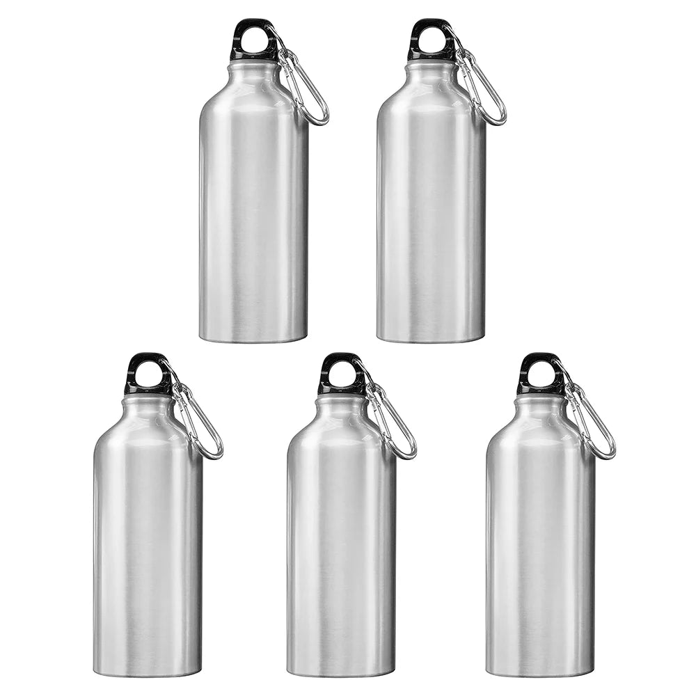 5pcs 600ml Aluminum Water Bottles Silver with Carabiner Hook A316