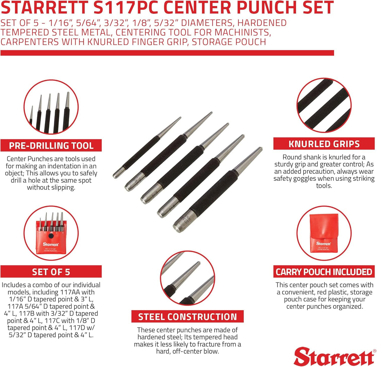 Center Punch Set, Set of 5, Hardened Tempered Steel M772