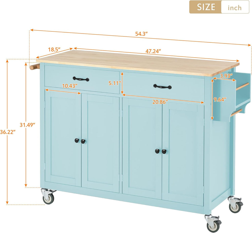 Kitchen Cart with Drop-Leaf Countertop, Kitchen Island on 5 Wheels with Open Shelves, Storage Cabinet and 3 Drawers, Rubberwood Top Breakfast Bar E3170
