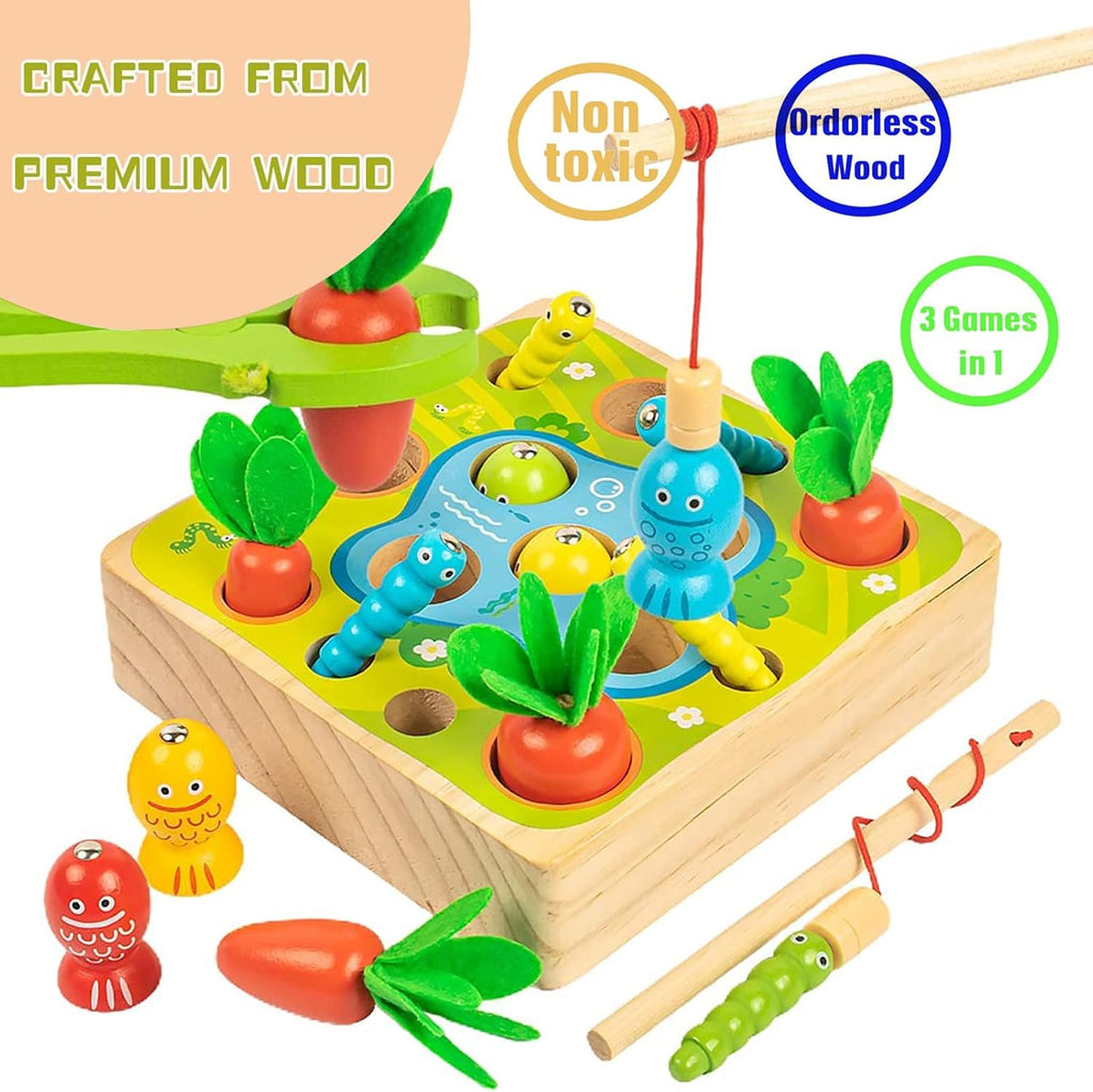 Montessori Wooden Toys Carrot Harvest Magnetic Fishing Game Q450