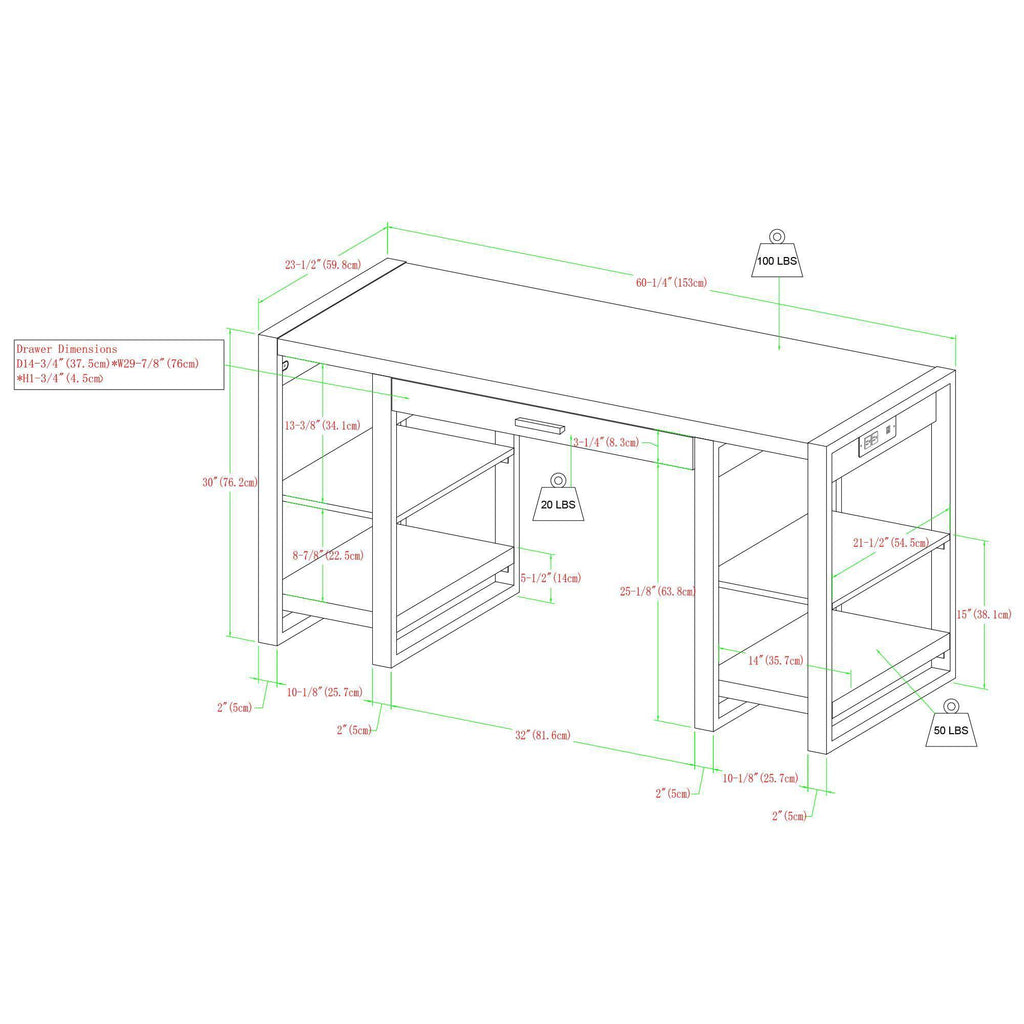 60x22 Industrial Farmhouse Desk with USB Dark Walnut V33093