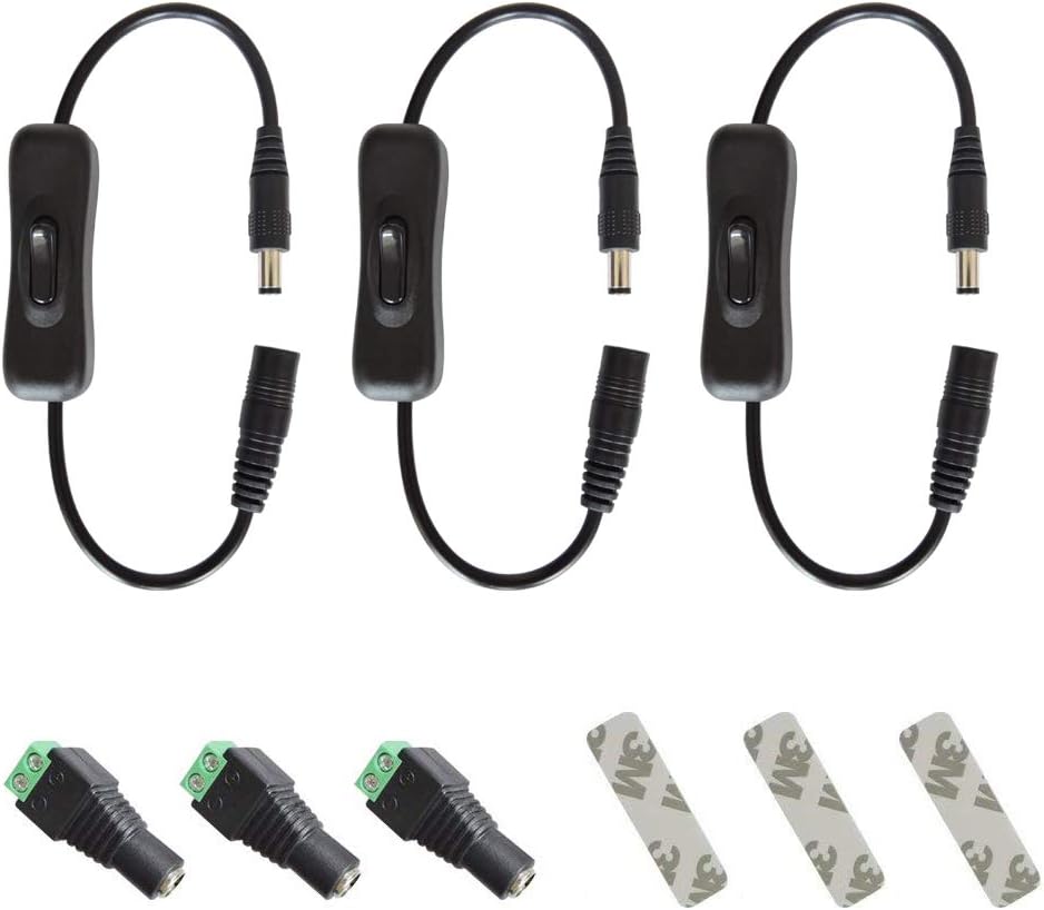LED Strip Switch Connector with 3 x 12V Inline Switch, 3 x Female DC Power Jack, 3 x Adhesive Tape K75606