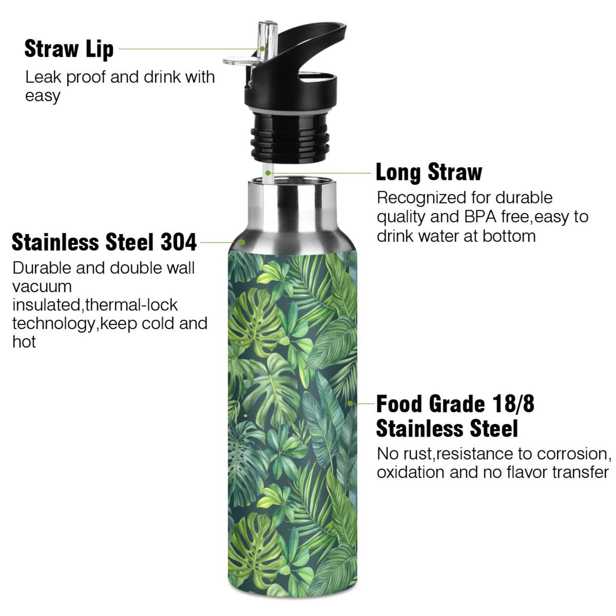 Green Stainless Steel Insulated Water Bottle with Straw Lid V215623