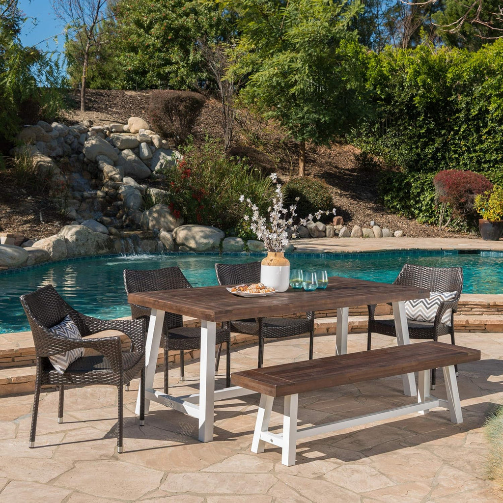 6 Piece Stacking Wicker Dining Set with Acacia Wood Table and Bench C32479