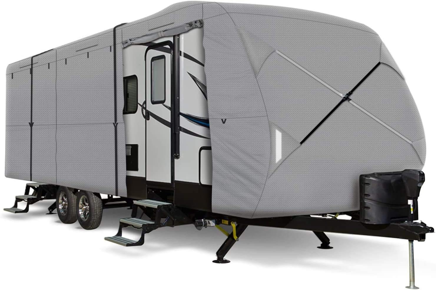 Windproof Extra Thick 4 Layers Travel Trailer RV Cover with Adhesive Repair Patches T953356