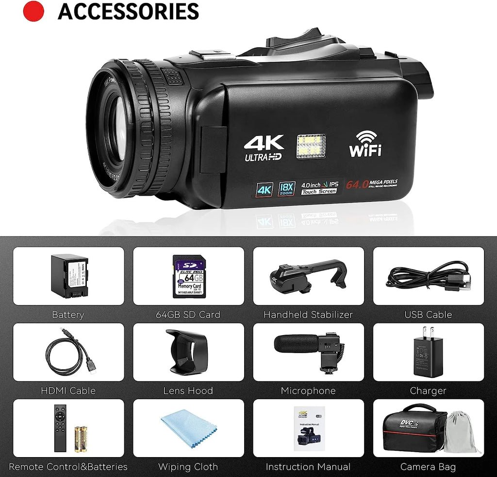 4k Video Camera Camcorder with 18X Digital Zoom, 64MP, 4.0-inch Rotating Touchscreen, 64GB SD Card, Microphone, Remote Control, Durable Battery (Black) L8501