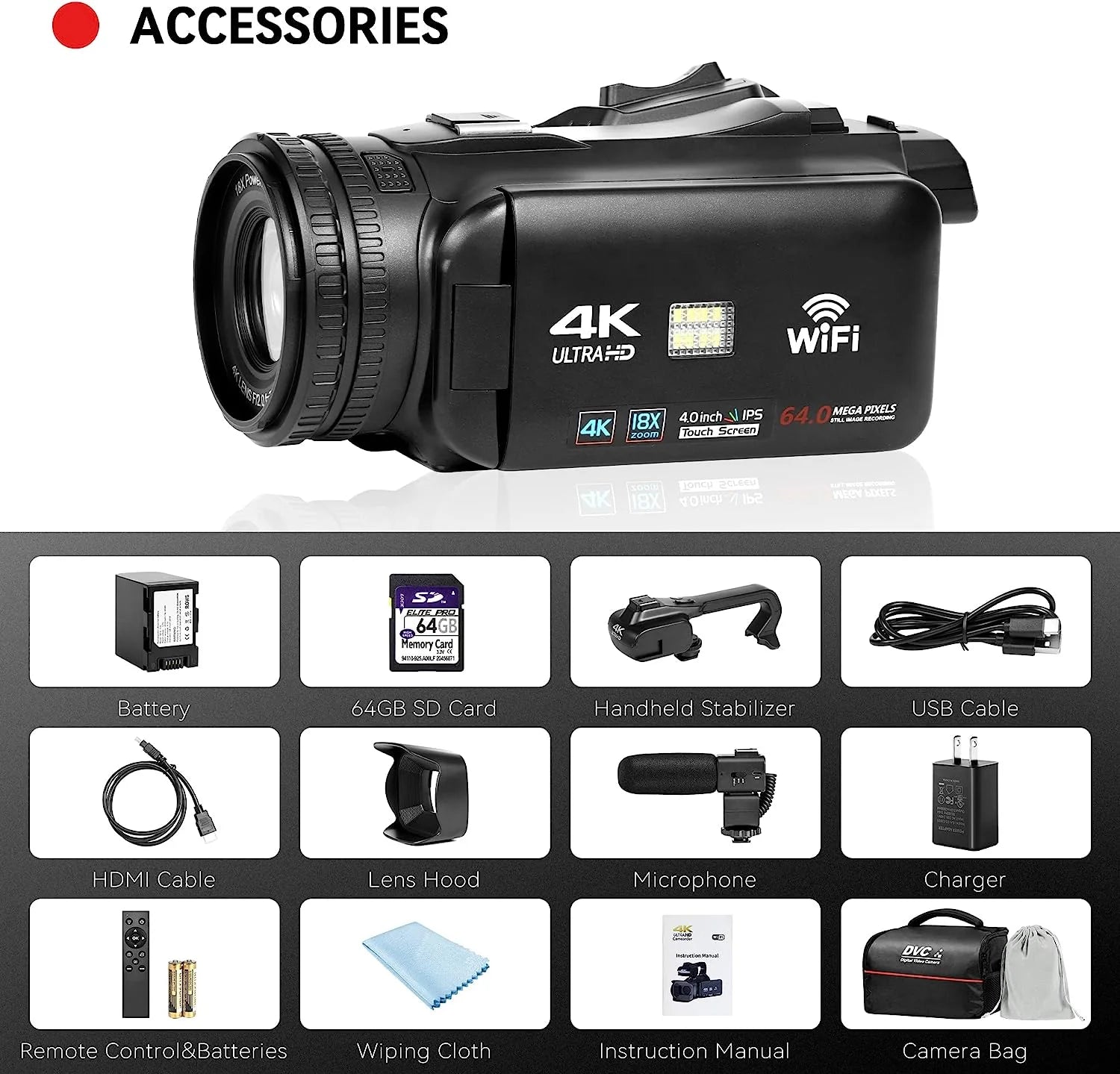 4k Video Camera Camcorder with 18X Digital Zoom, 64MP, 4.0-inch Rotating Touchscreen, 64GB SD Card, Microphone, Remote Control, Durable Battery (Black) L8501