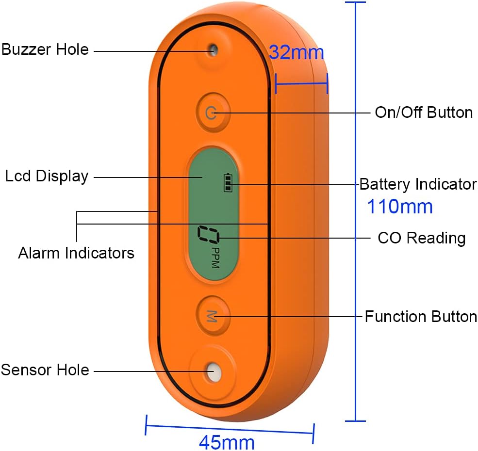 Carbon Monoxide Detector with Visual, Audible, and Vibrating Alerts, Portable CO Monitor, IP67 Waterproof, Battery Operated V203