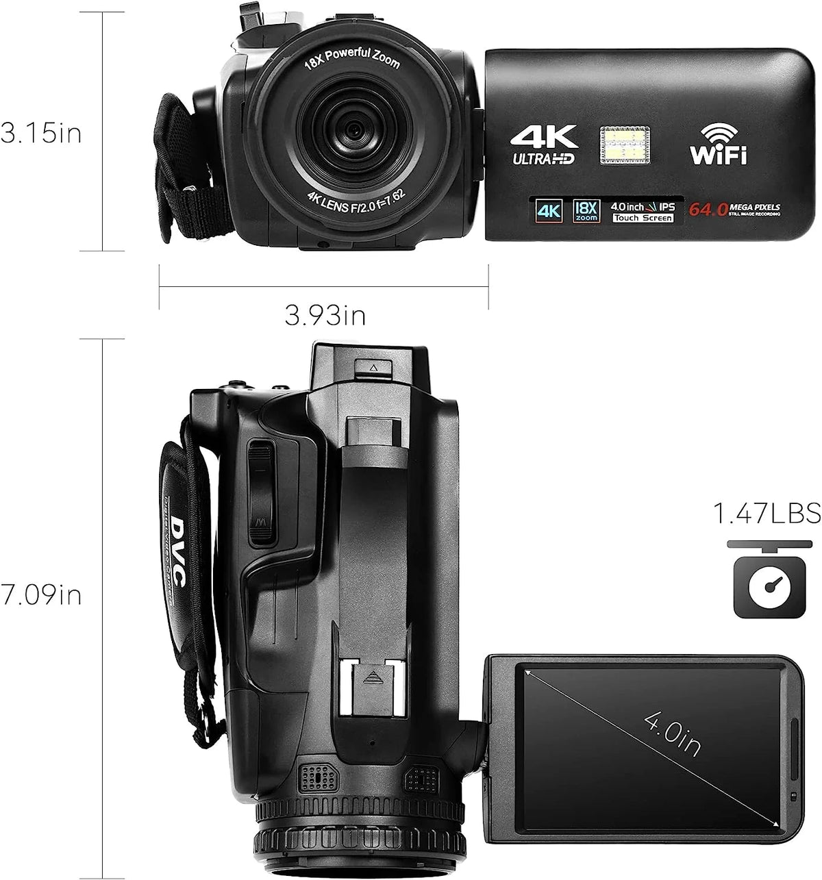 4k Video Camera Camcorder with 18X Digital Zoom, 64MP, 4.0-inch Rotating Touchscreen, 64GB SD Card, Microphone, Remote Control, Durable Battery (Black) L8501