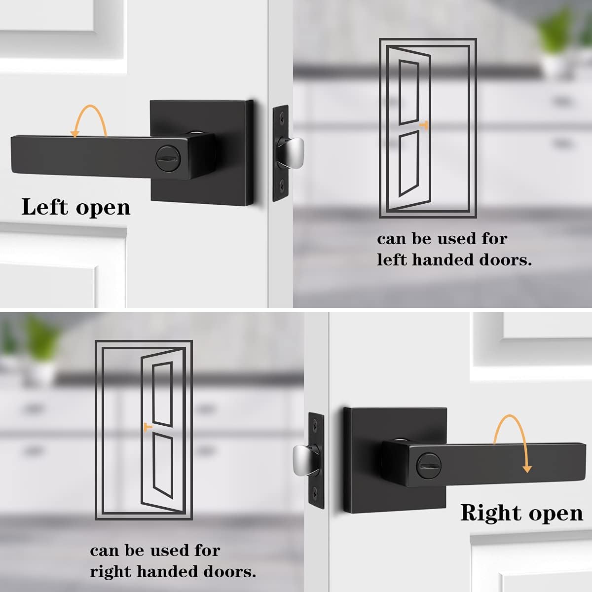 Matte Black Square Privacy Door Levers, Keyless Interior Door Handles Z9017