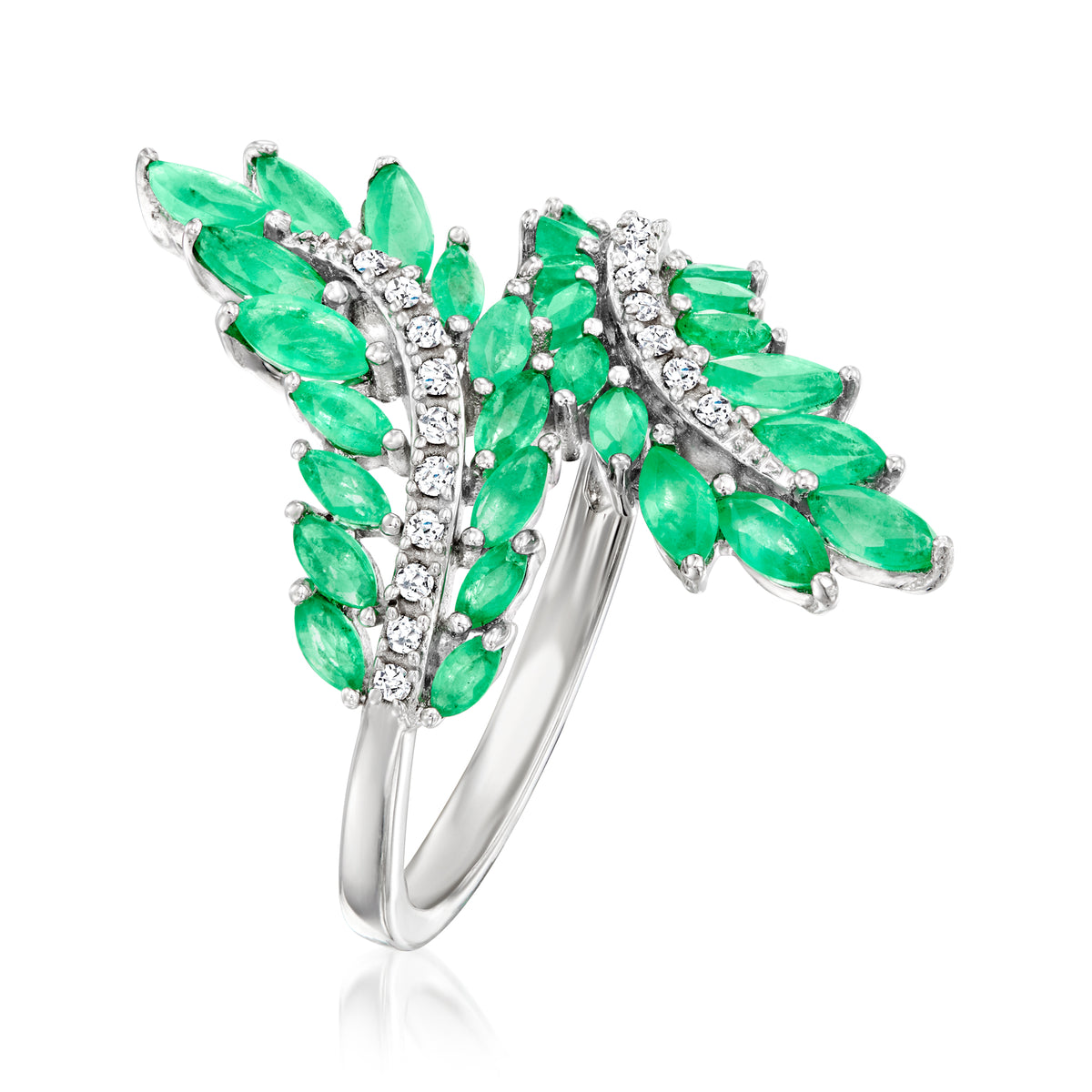 1.60 ct. t.w. Emerald and .10 ct. t.w. Diamond Bypass Ring in Sterling Silver Q8599