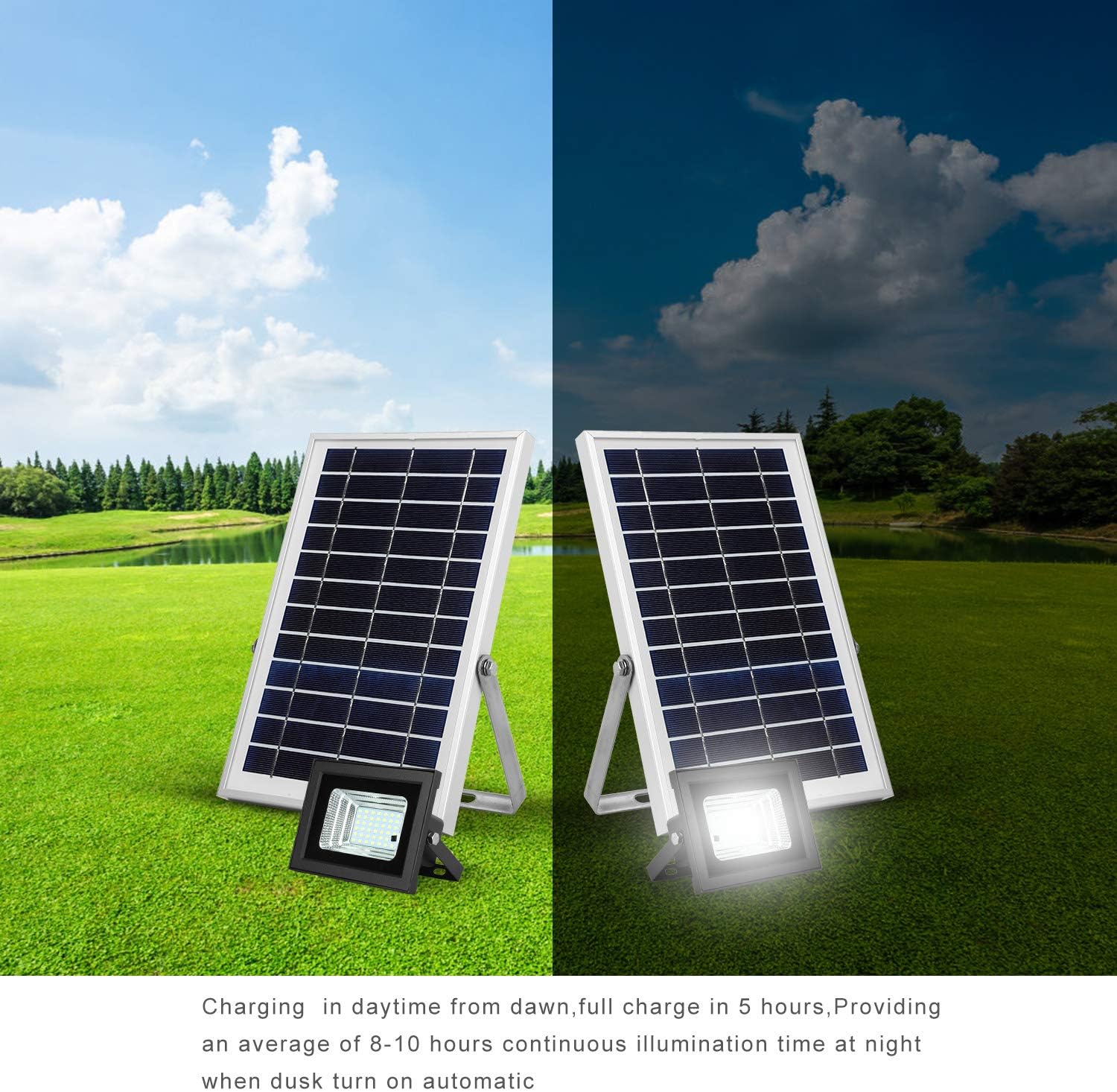 Solar Flood Lights Outdoor Remote, Dual 42 LEDs 6500K, Dusk to Dawn, 16.4ft Separated Cables, IP65 Waterproof A12052