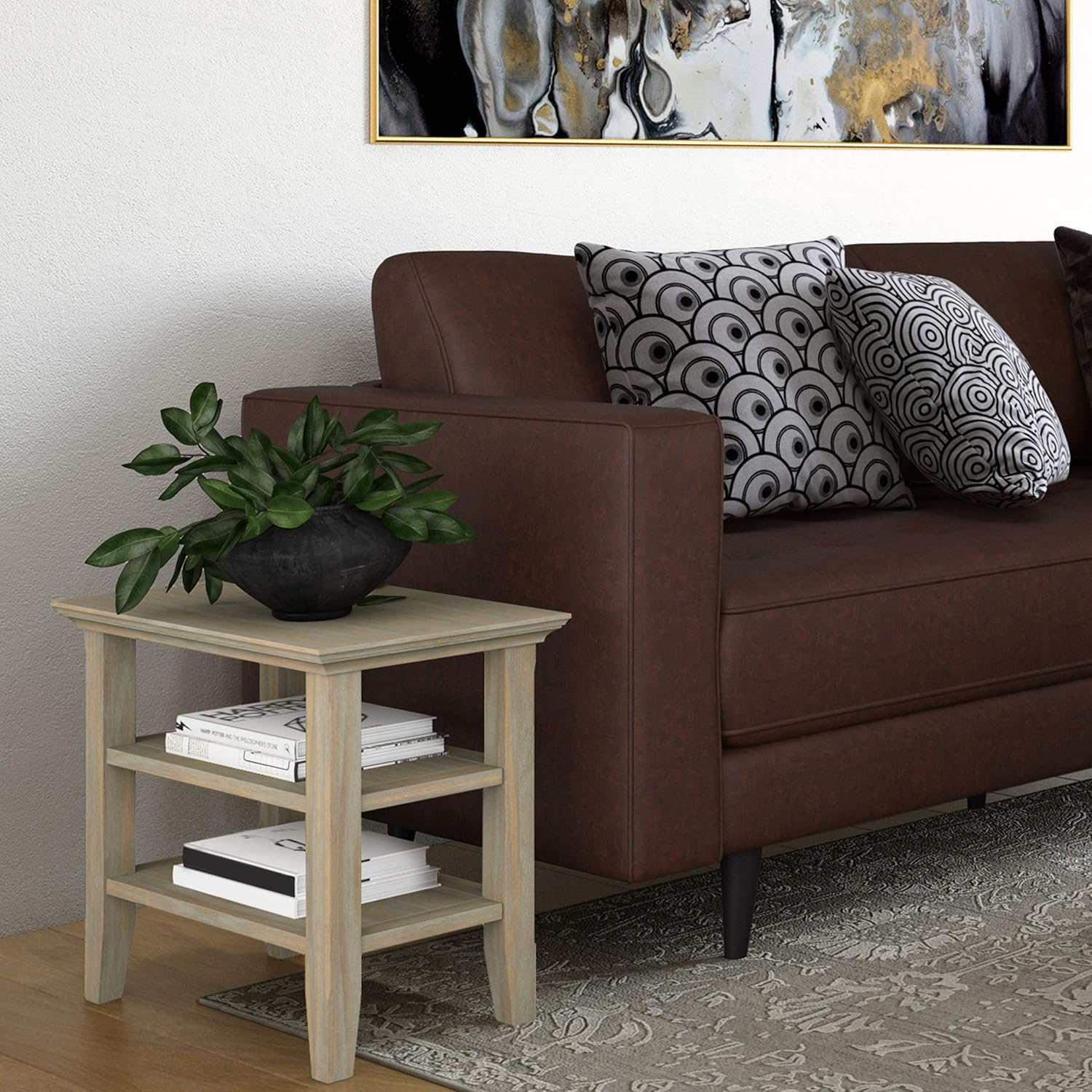 Black Solid Wood Narrow Side Table with 2 Shelves Q80989