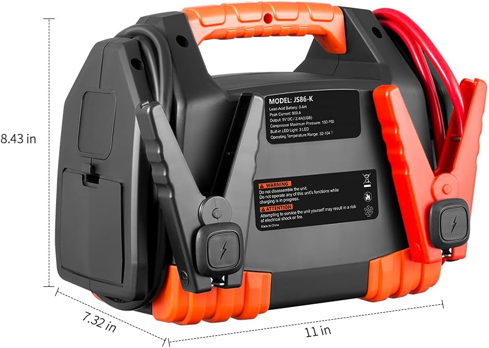 Jump Starter 900 Peak 9AH Portable Car Jump Starter with Air Compressor Tire Inflator USB Port 12V Power Ports G54986