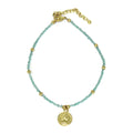 Baby Blue Glass Bead Choker with Brass Coin Pendant Y1083