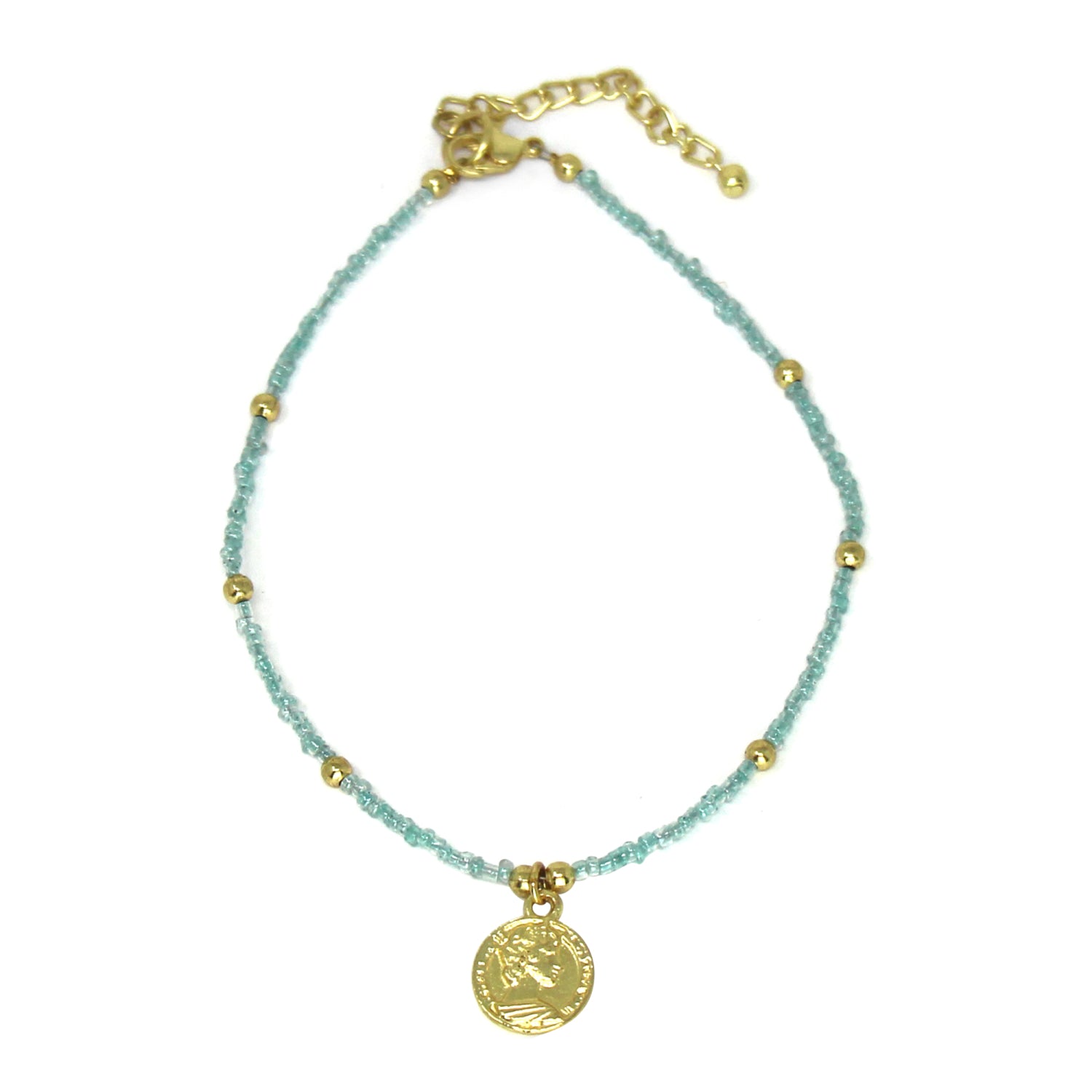 Baby Blue Glass Bead Choker with Brass Coin Pendant Y1083