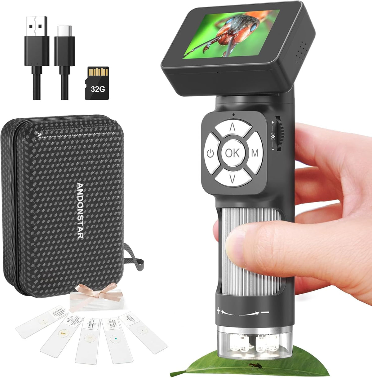 Portable Pocket Microscope Kit with 2" LCD Screen, 500X, 8 Adjustable LED Lights, 32GB SD Card V8664