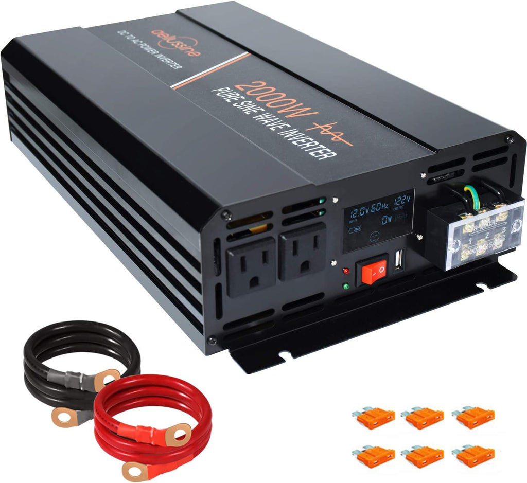 Power Inverter 2000W Pure Sine Wave 12v DC to AC 120v Peak 4000 Watt Converter with LCD Display USB Charge Port F387