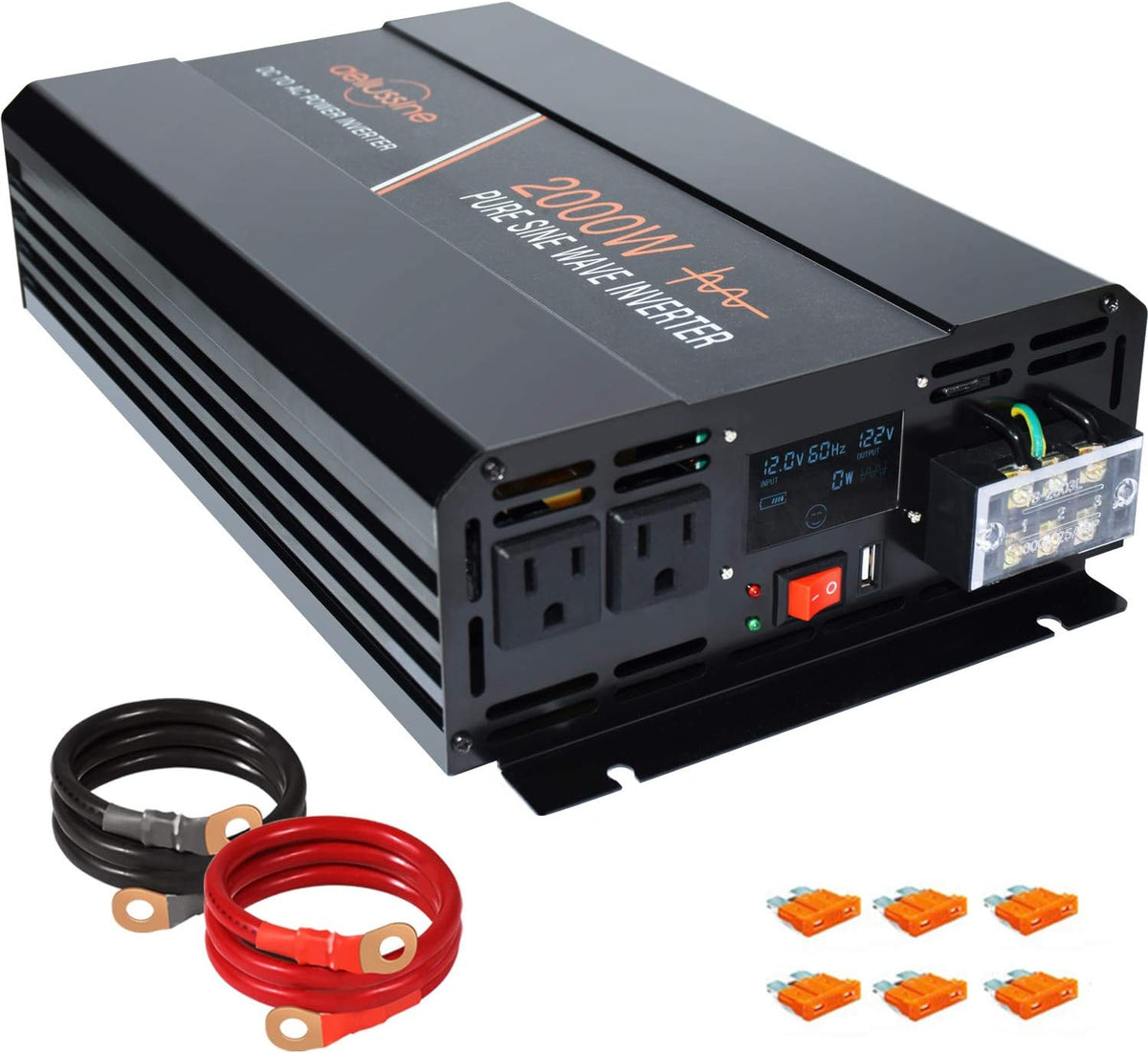 Power Inverter 2000W Pure Sine Wave 12v DC to AC 120v Peak 4000 Watt Converter with LCD Display USB Charge Port F387