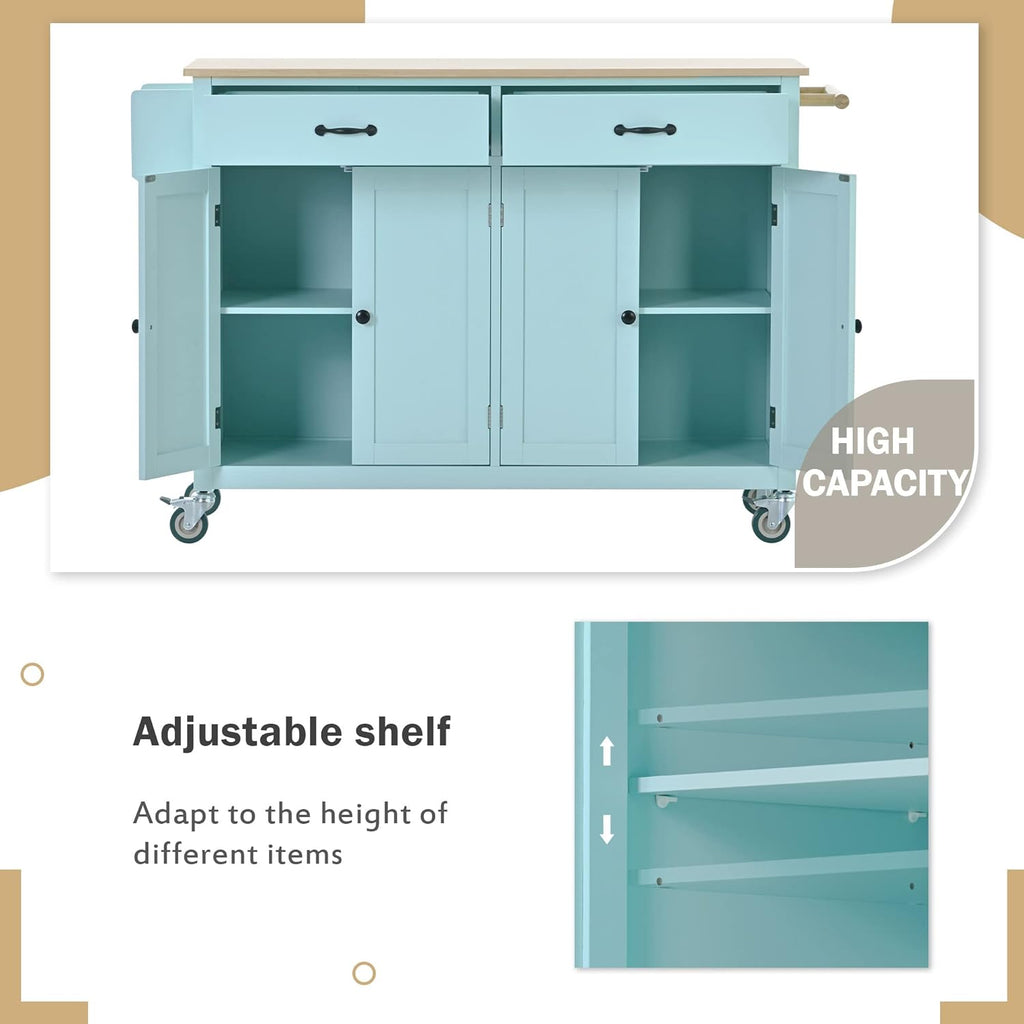 Kitchen Cart with Drop-Leaf Countertop, Kitchen Island on 5 Wheels with Open Shelves, Storage Cabinet and 3 Drawers, Rubberwood Top Breakfast Bar E3170