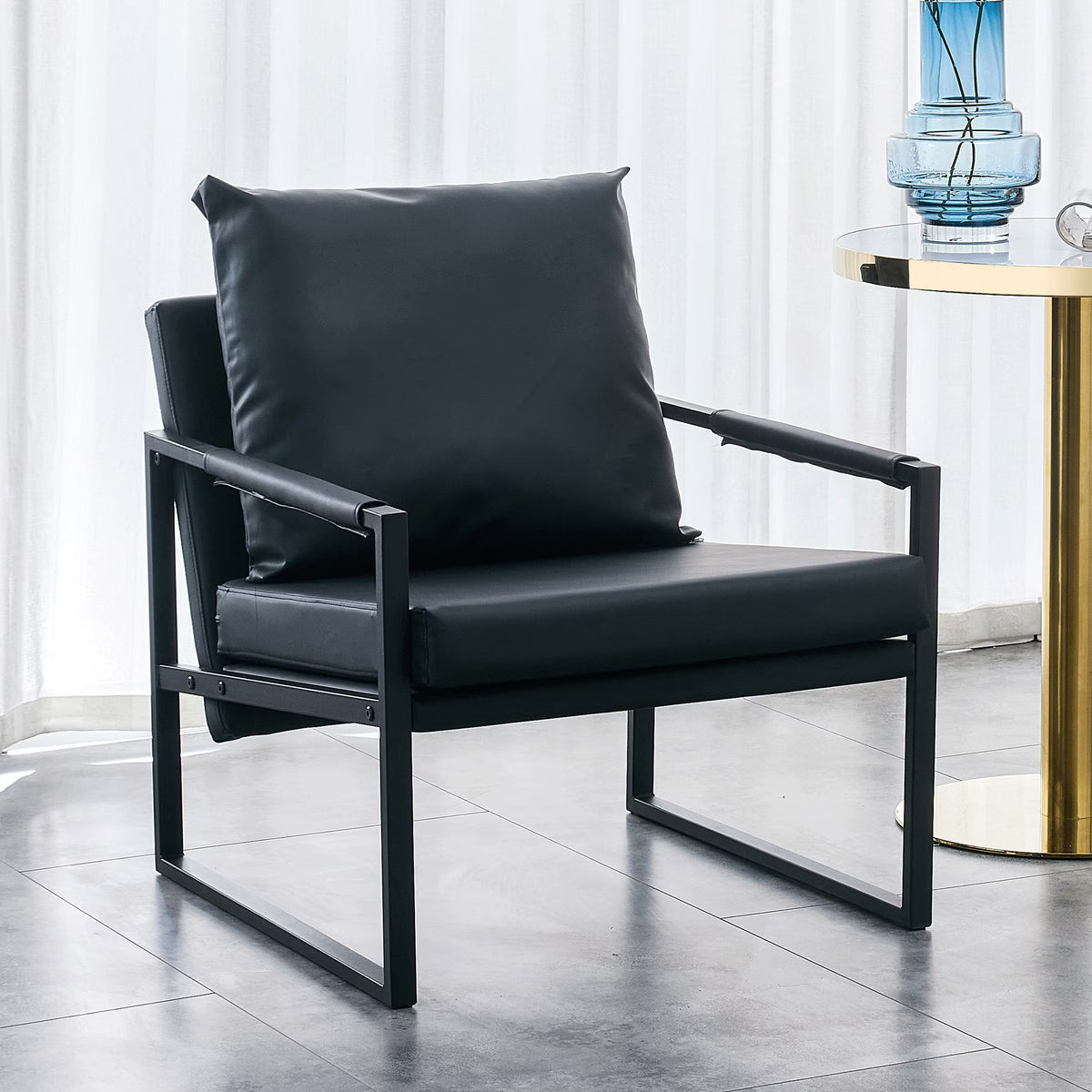 Black PU Leather Accent Armchair with Metal Frame Y8046