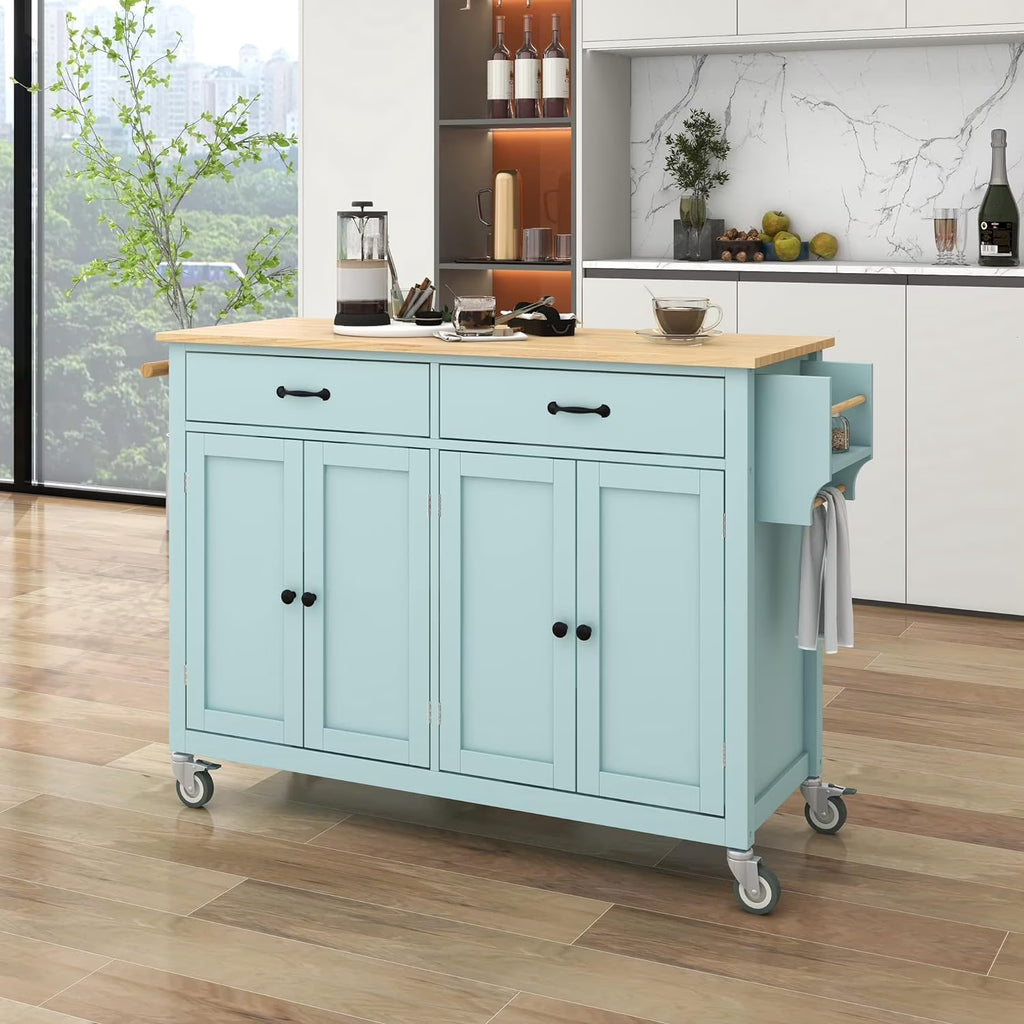 Kitchen Cart with Drop-Leaf Countertop, Kitchen Island on 5 Wheels with Open Shelves, Storage Cabinet and 3 Drawers, Rubberwood Top Breakfast Bar E3170
