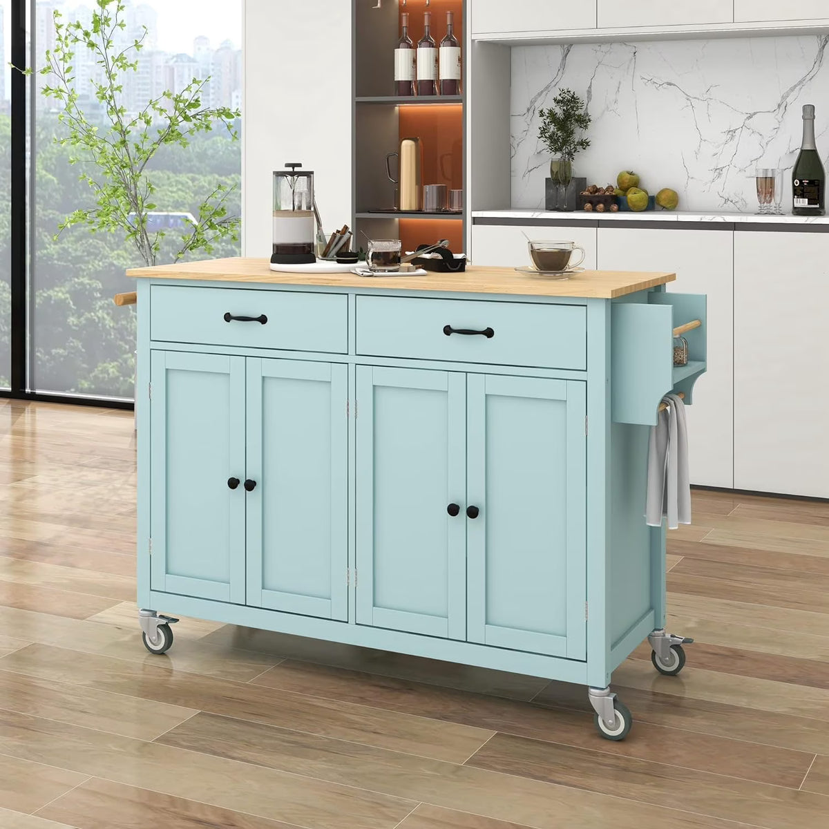 Kitchen Cart with Drop-Leaf Countertop, Kitchen Island on 5 Wheels with Open Shelves, Storage Cabinet and 3 Drawers, Rubberwood Top Breakfast Bar E3170