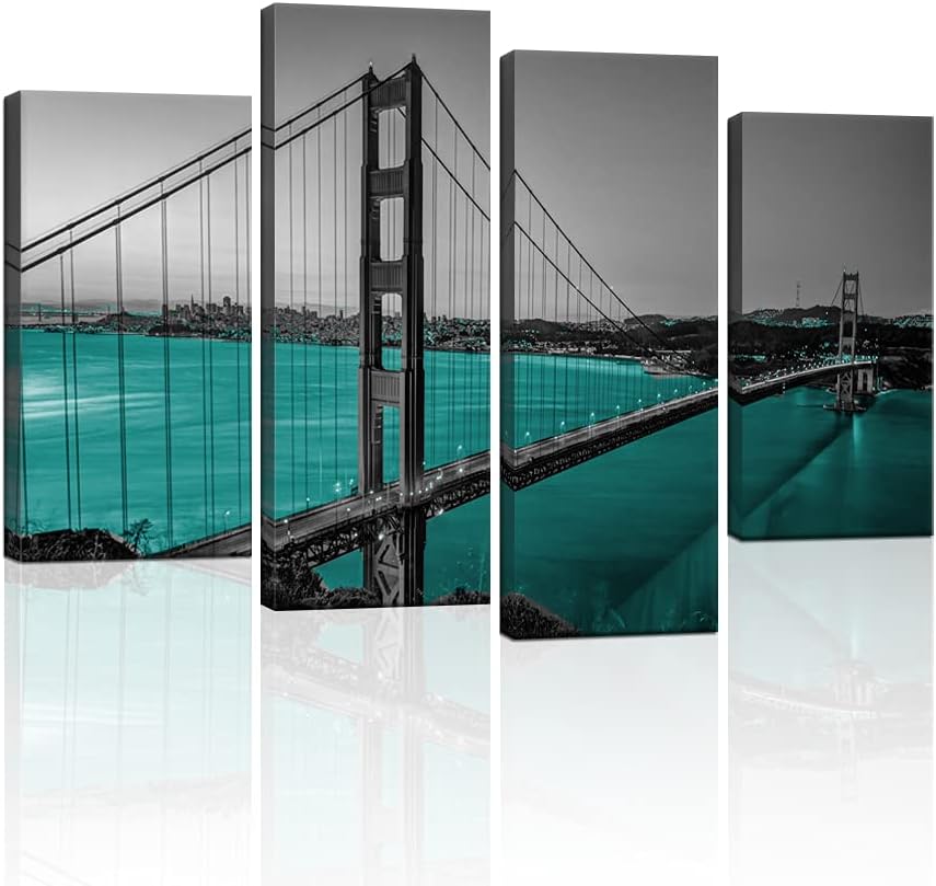Black White Teal Golden Gate Bridge Canvas Wall Art B961575