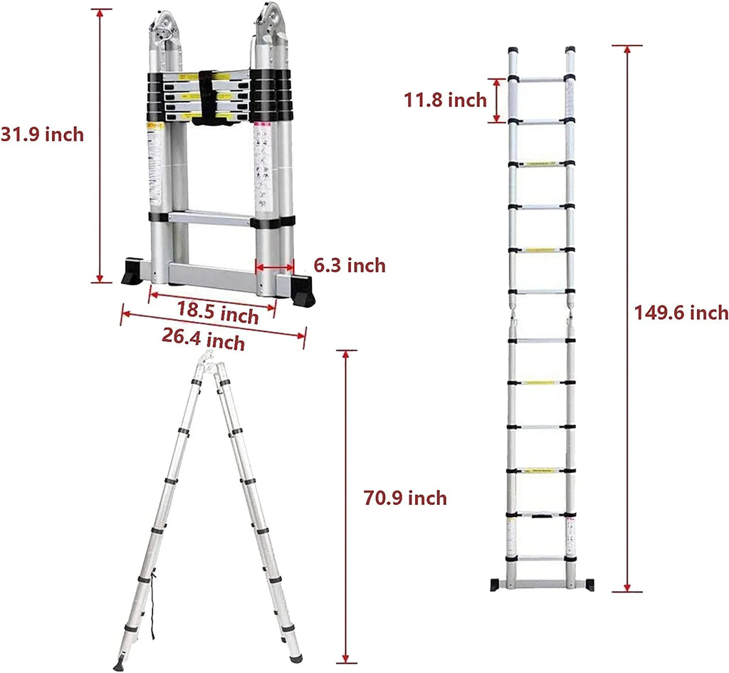 Telescoping Ladder 12.5 FT Aluminum Lightweight Compact Ladder with Stabilizer Bar, 330lb Load Capacity V9565