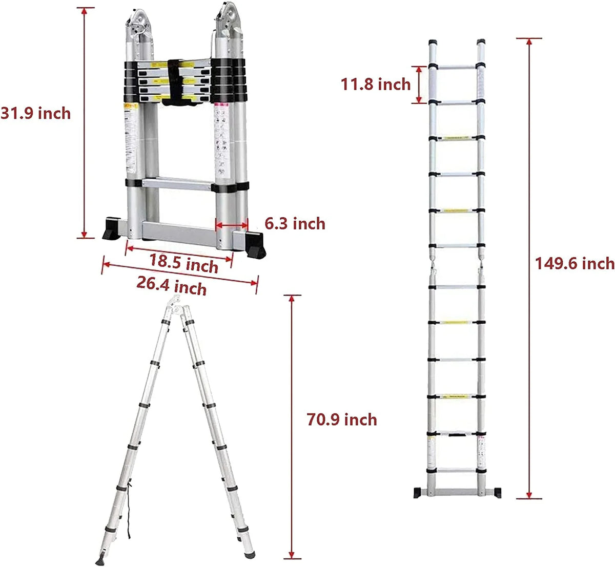 Telescoping Ladder 12.5 FT Aluminum Lightweight Compact Ladder with Stabilizer Bar, 330lb Load Capacity V9565