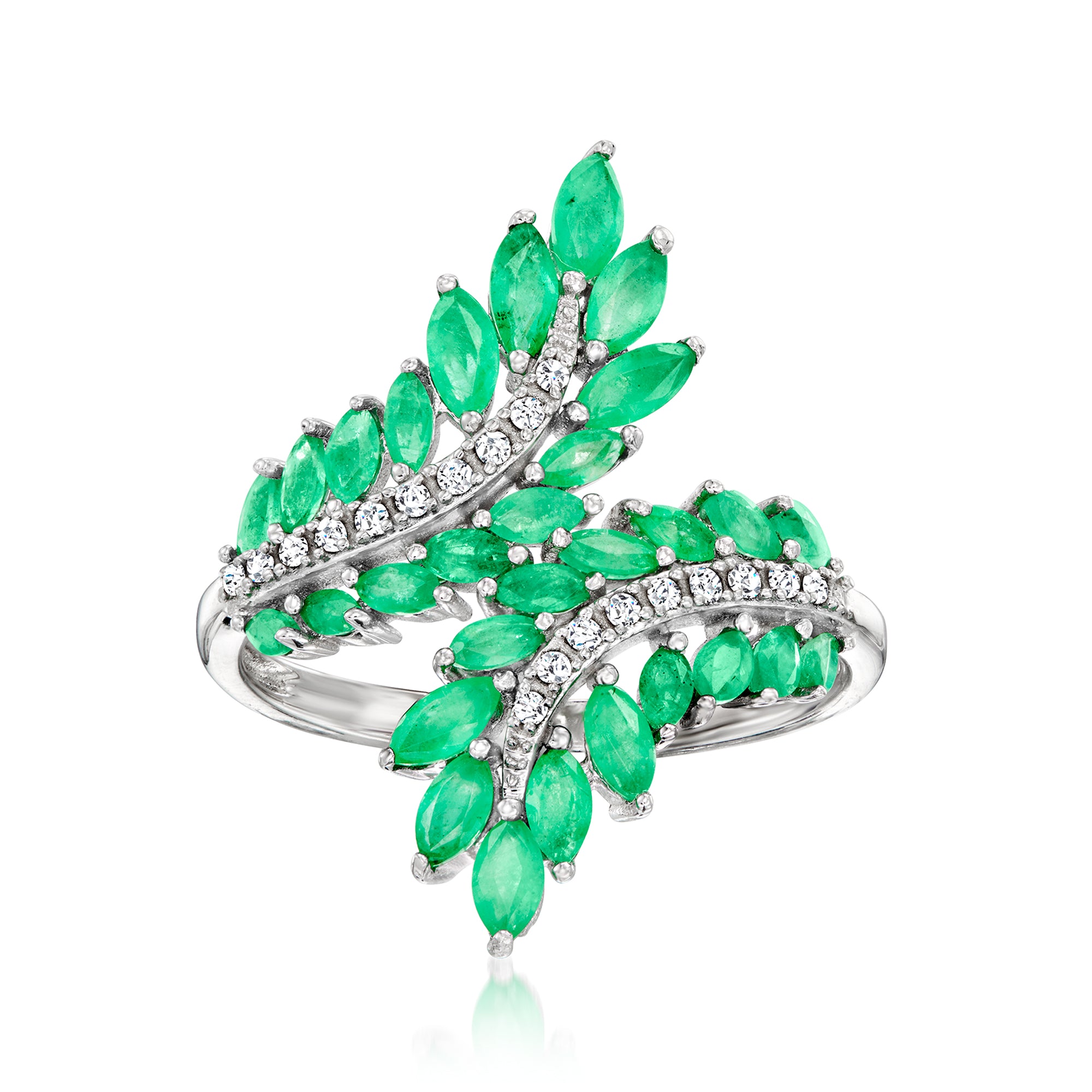 1.60 ct. t.w. Emerald and .10 ct. t.w. Diamond Bypass Ring in Sterling Silver Q8599