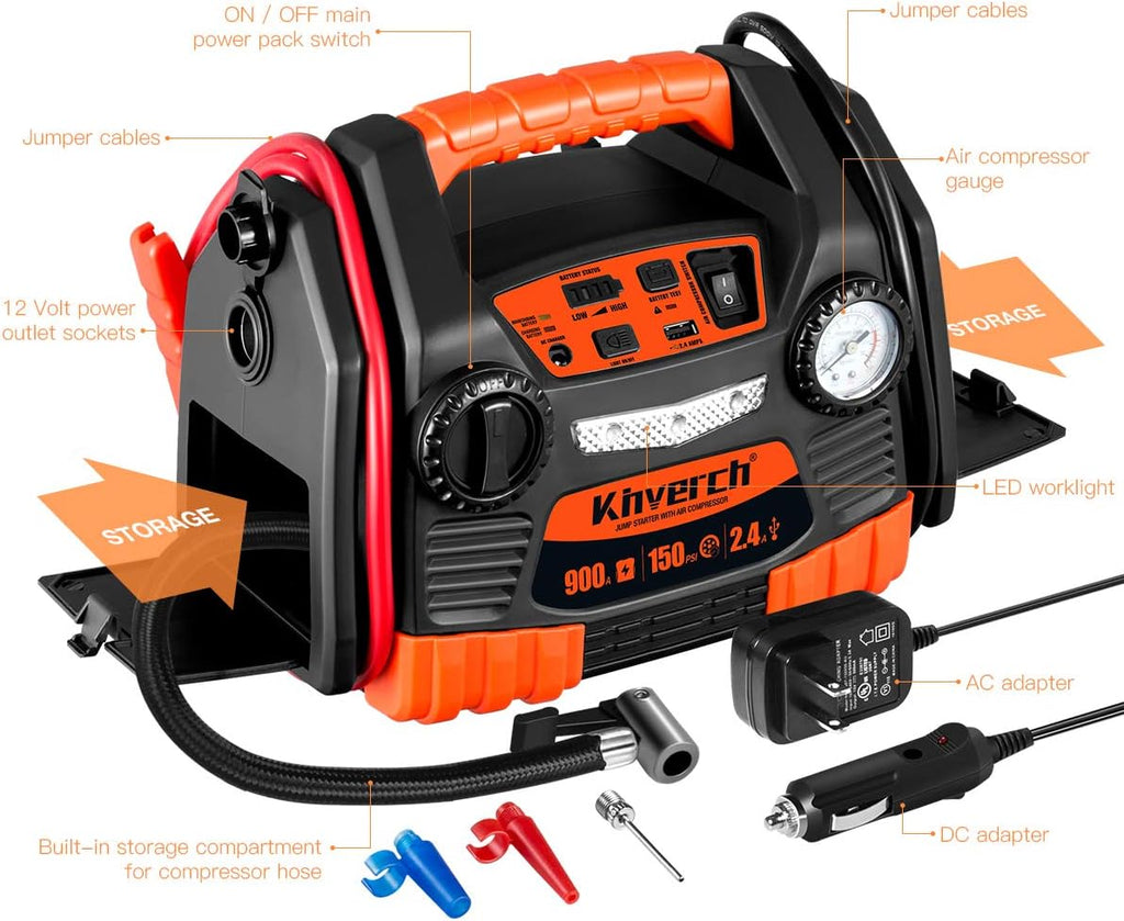 Jump Starter 900 Peak 9AH Portable Car Jump Starter with Air Compressor Tire Inflator USB Port 12V Power Ports G54986