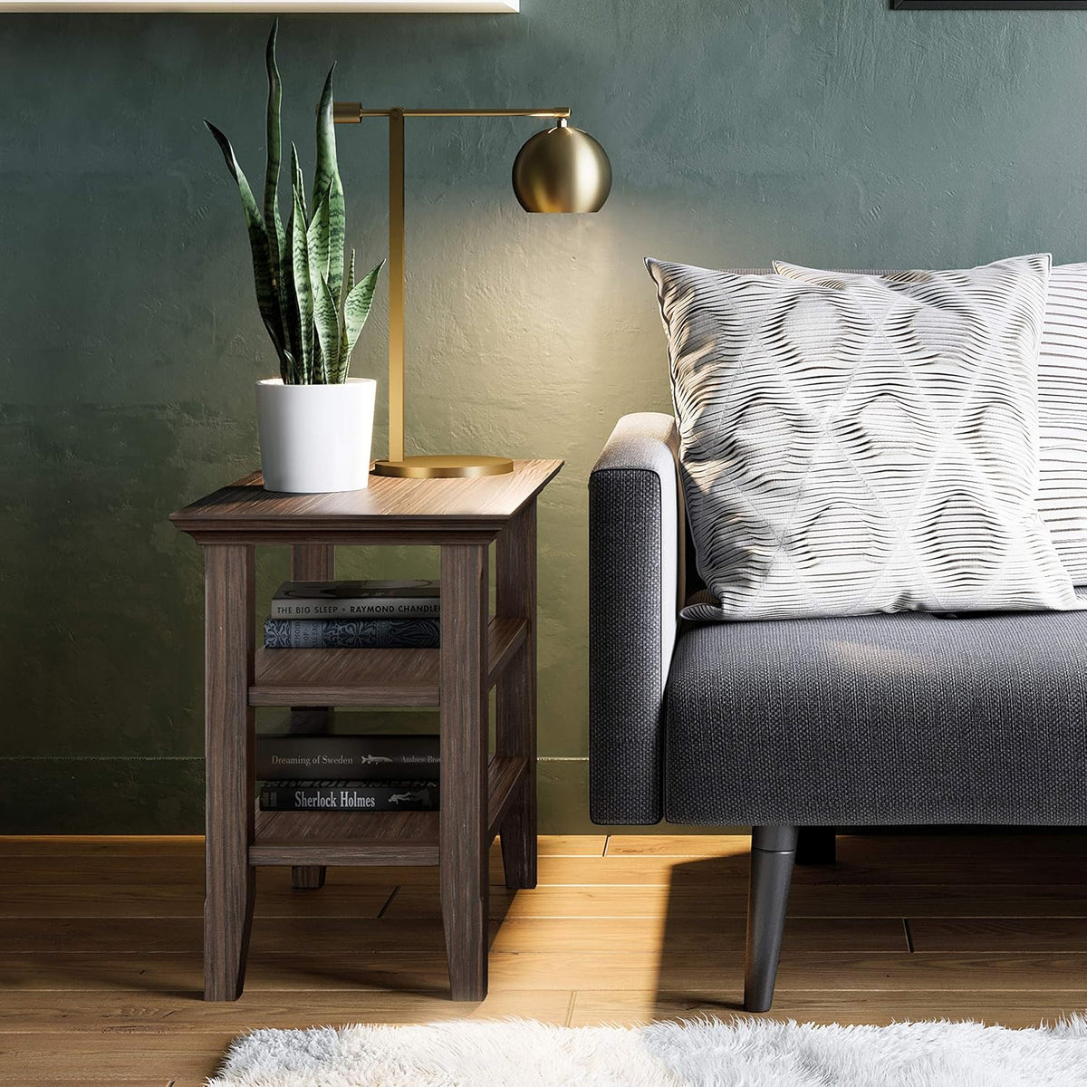 Black Solid Wood Narrow Side Table with 2 Shelves Q80989