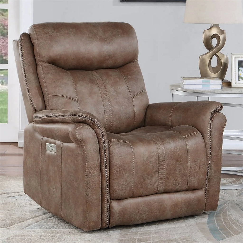 Camel Brown Polyester Faux Suede Leather Power Recliner D9441