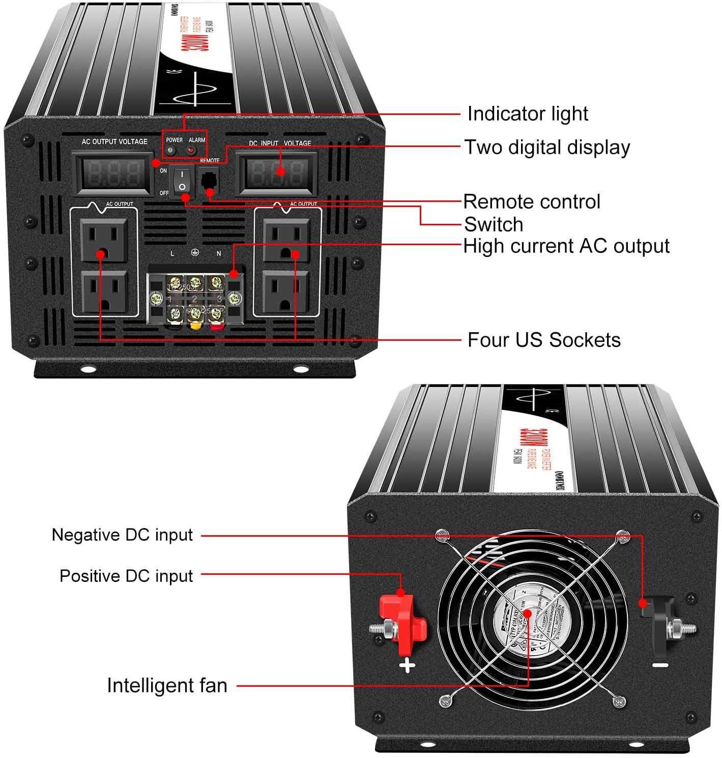 3000W 3200W Peak Power 6400W Pure Sine Wave Power Inverter DC 12V to 110V AC Converter 60HZ Solar Converter Y475