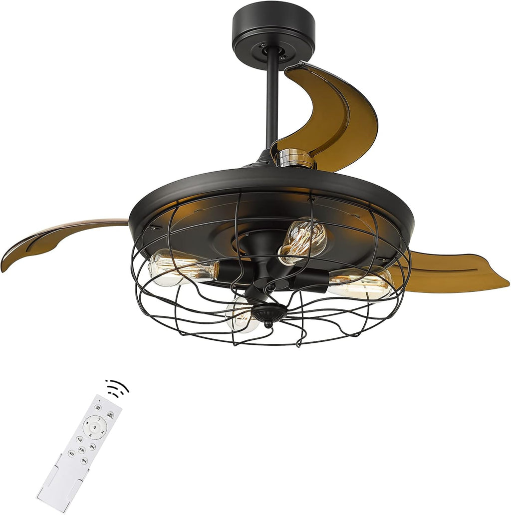 42 Inch Matte Black Ceiling Fan with Light and 3 Retractable Blades with Remote Control G996