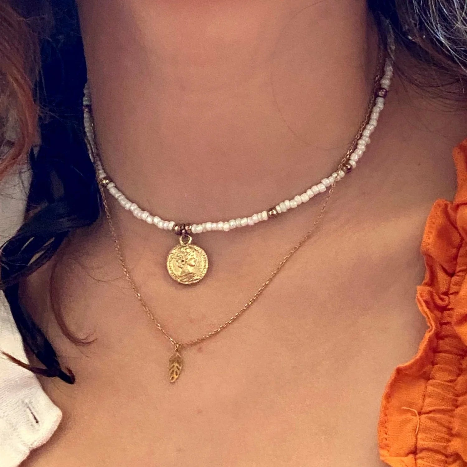 Baby Blue Glass Bead Choker with Brass Coin Pendant Y1083