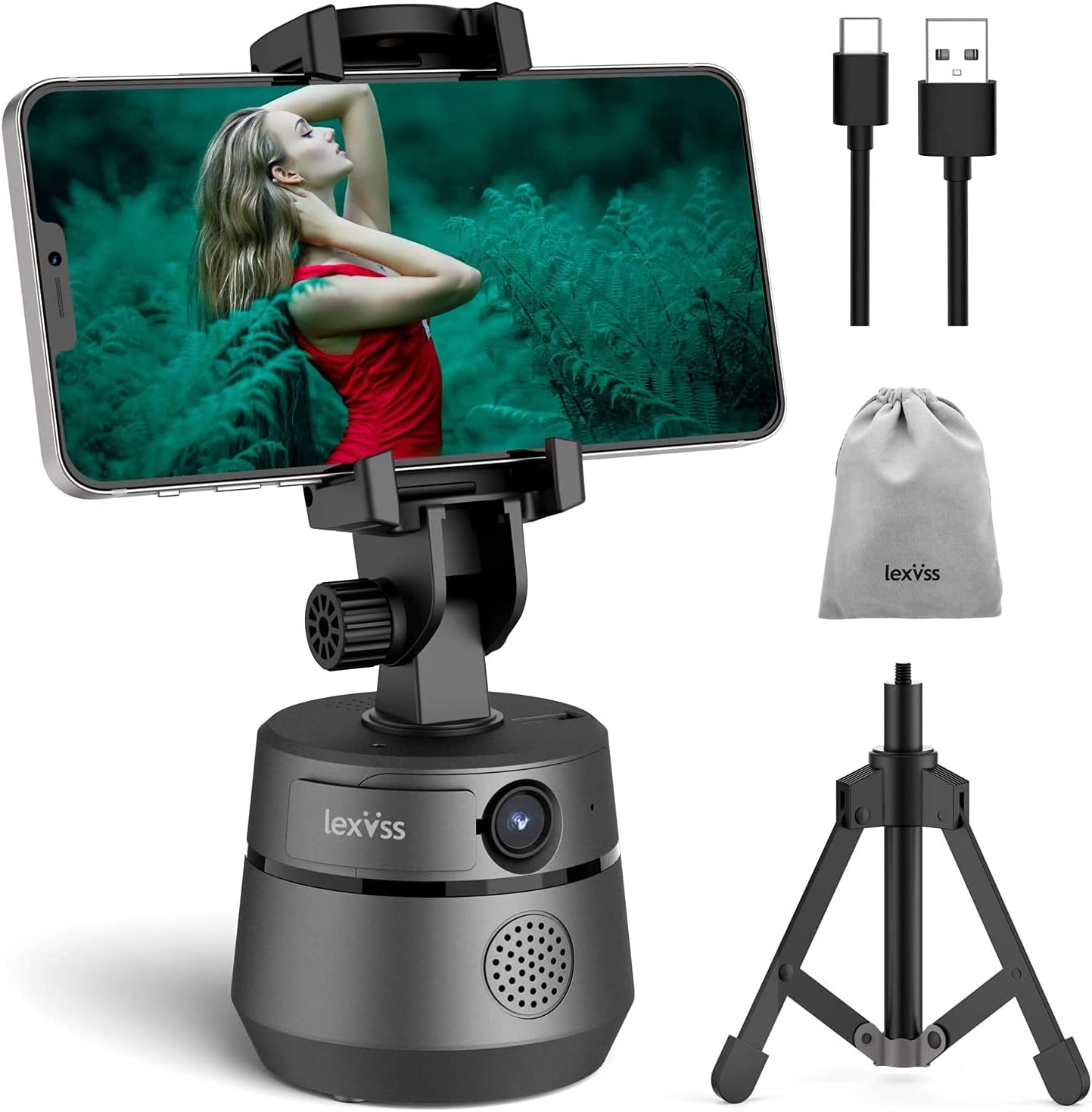 1080P Webcam with Microphone Tripod and Privacy Cover, 360° Rotation Phone Holder (Grey) X9169