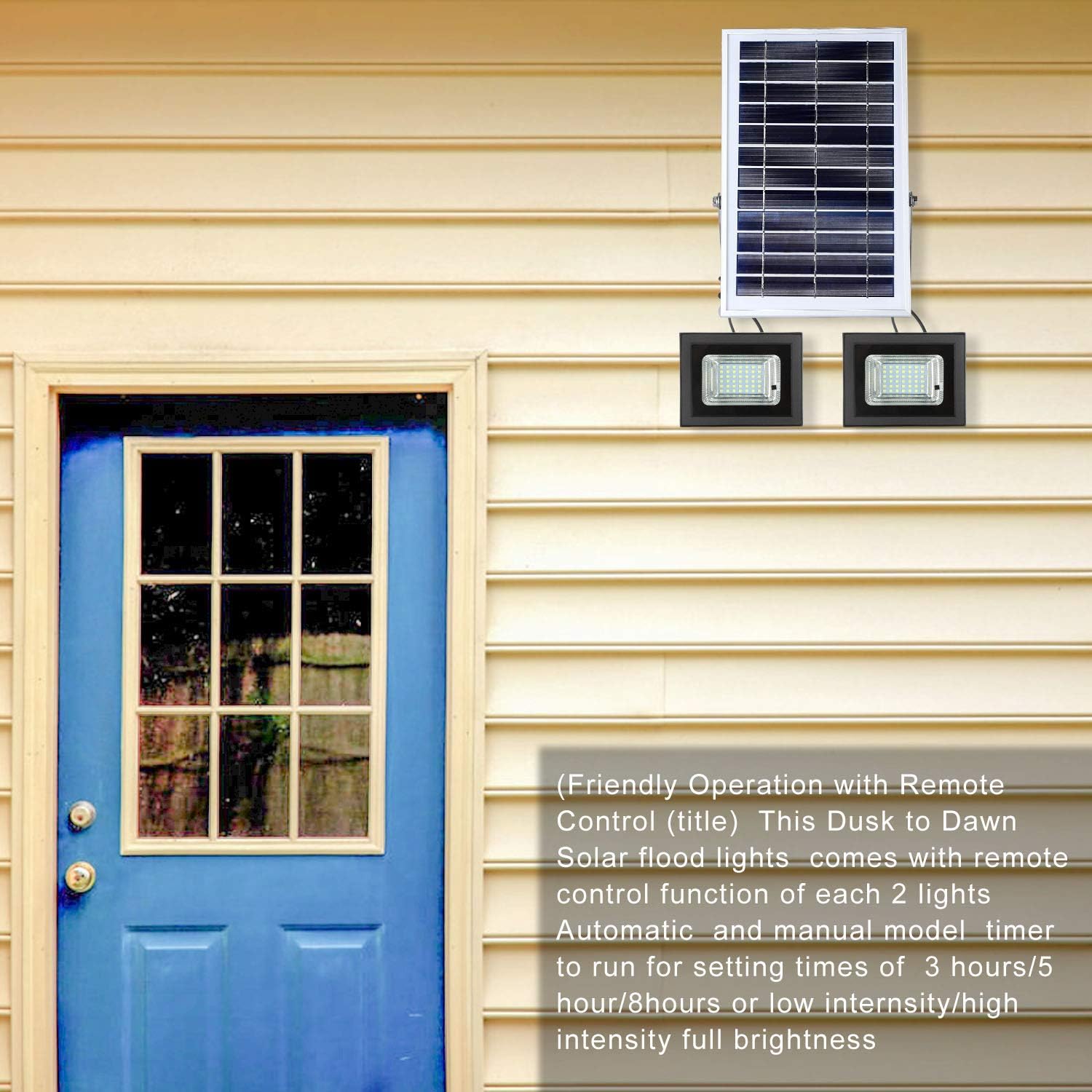 Solar Flood Lights Outdoor Remote, Dual 42 LEDs 6500K, Dusk to Dawn, 16.4ft Separated Cables, IP65 Waterproof A12052
